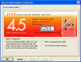 3ivx D4 4.5 for Windows - DS Media Splitter Properties